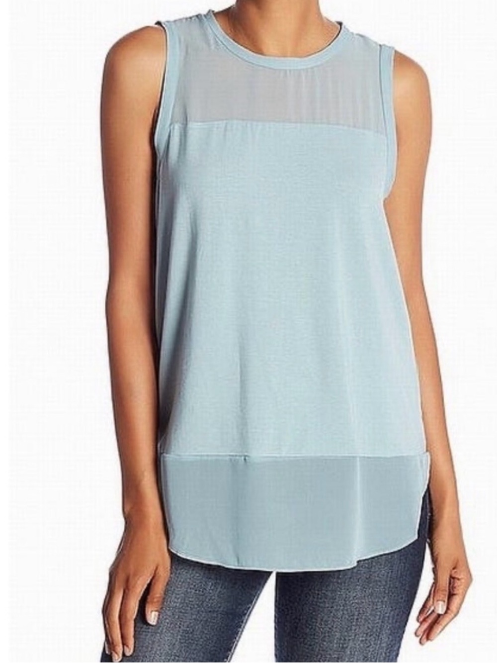 Vince Camuto Light Blue Sleeveless Sheer Yoke Women's Top